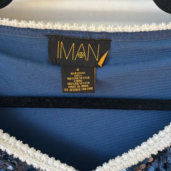 Iman blue sequin jacket with white fuzzy trim size small - Picture 2 of 3